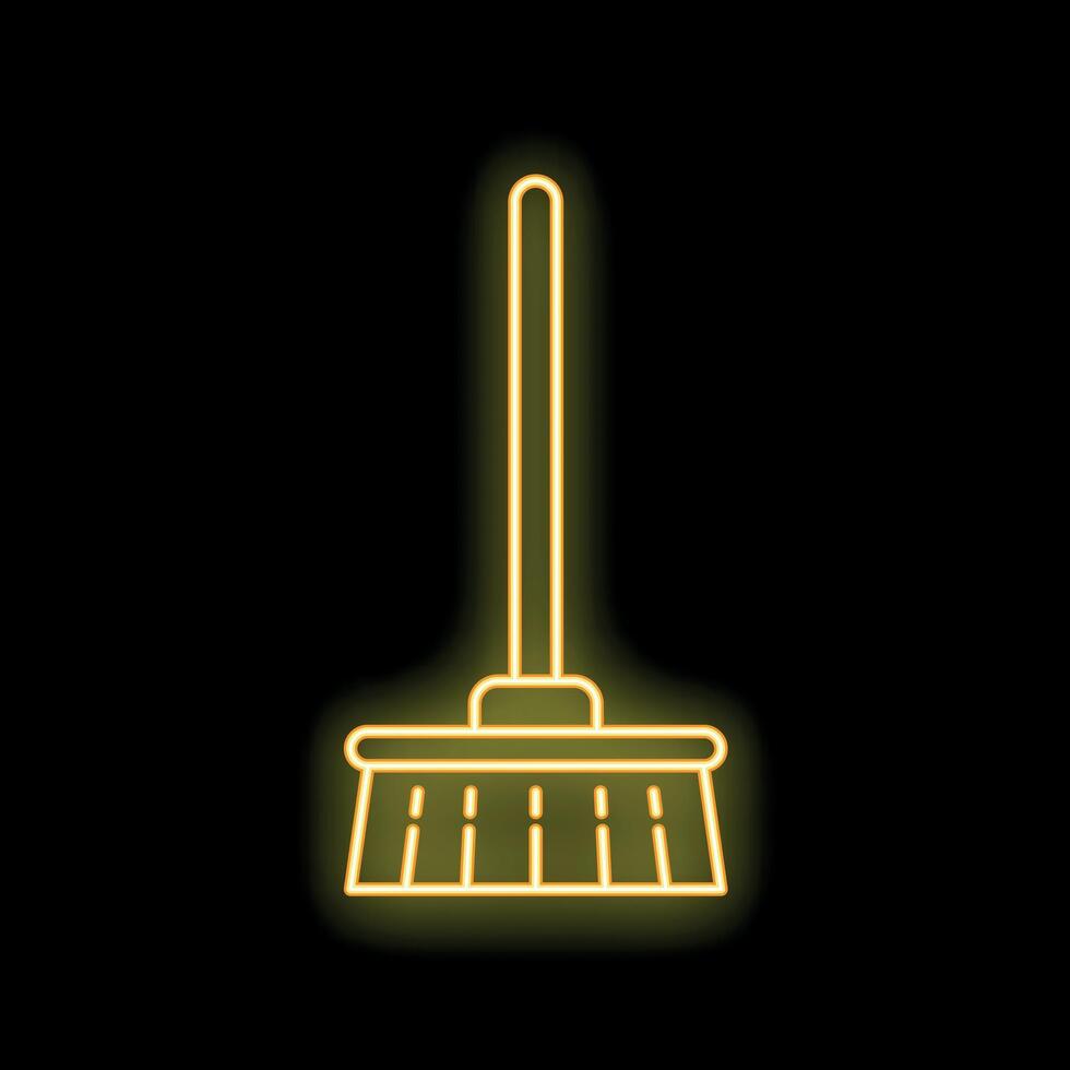 Yellow neon line icon of a handle broom for cleaning on black background vector