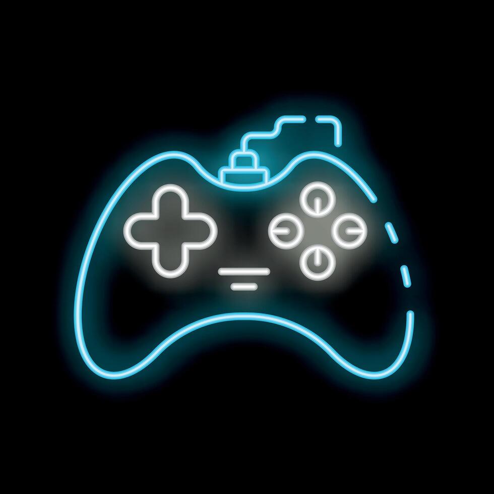 Blue neon video game controller glowing on black background vector