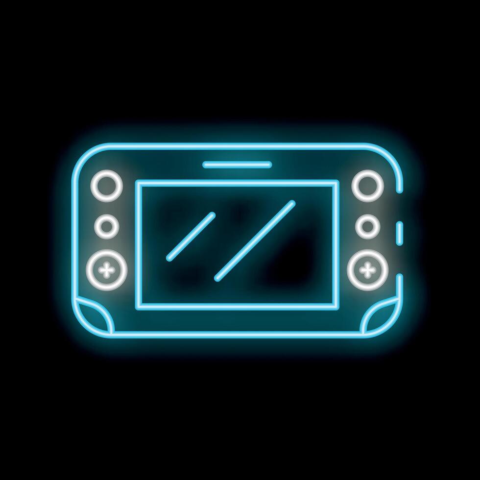 Blue neon video game console with d pad and buttons on black brick wall background vector