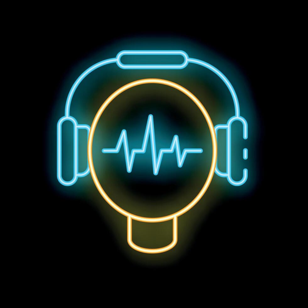 Neon icon of headphones playing audio track with sound wave vector