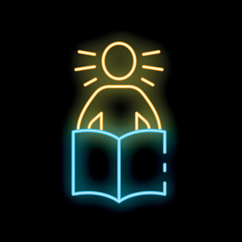 Student getting new knowledge reading book neon sign icon style vector
