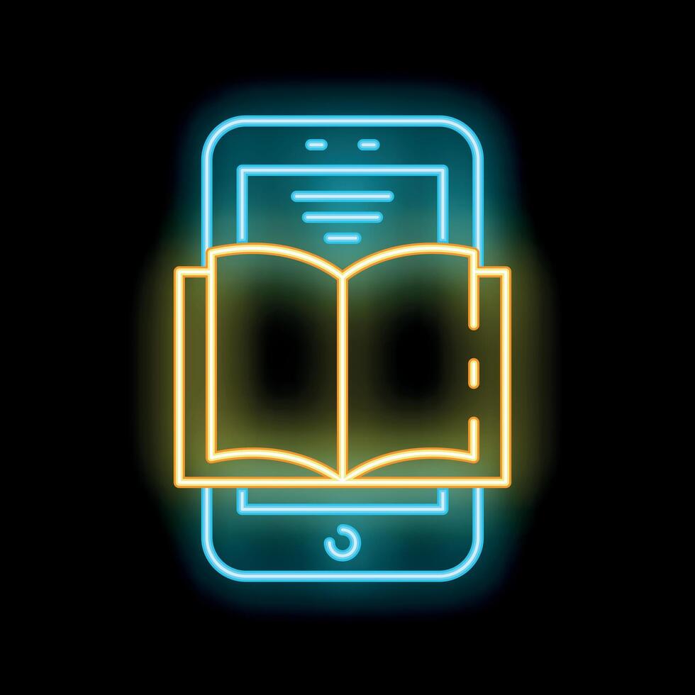Neon icon of open book over smartphone for online education vector
