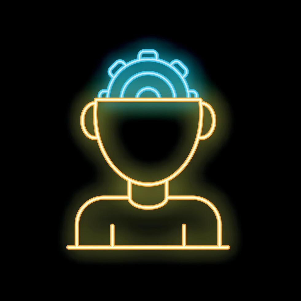 Neon style icon of a person thinking with gears in their open head vector