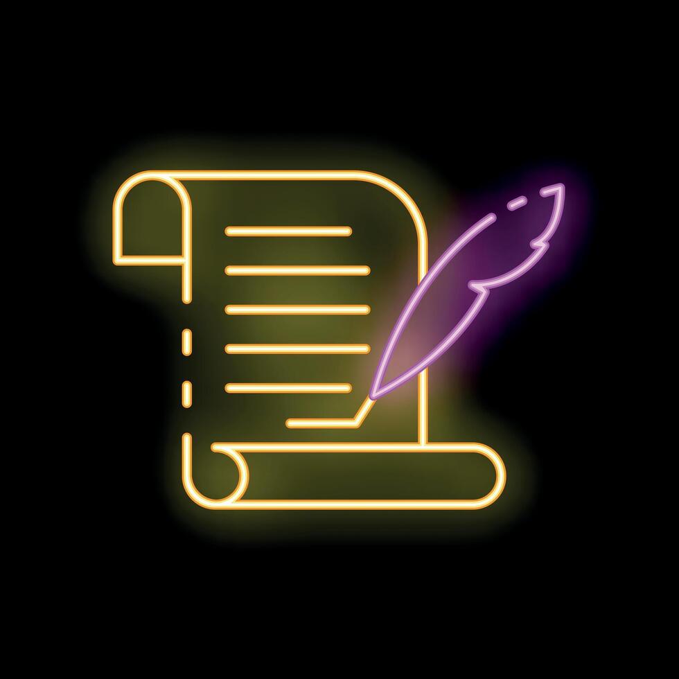 Neon sign representing a feather pen writing on a scroll of paper vector