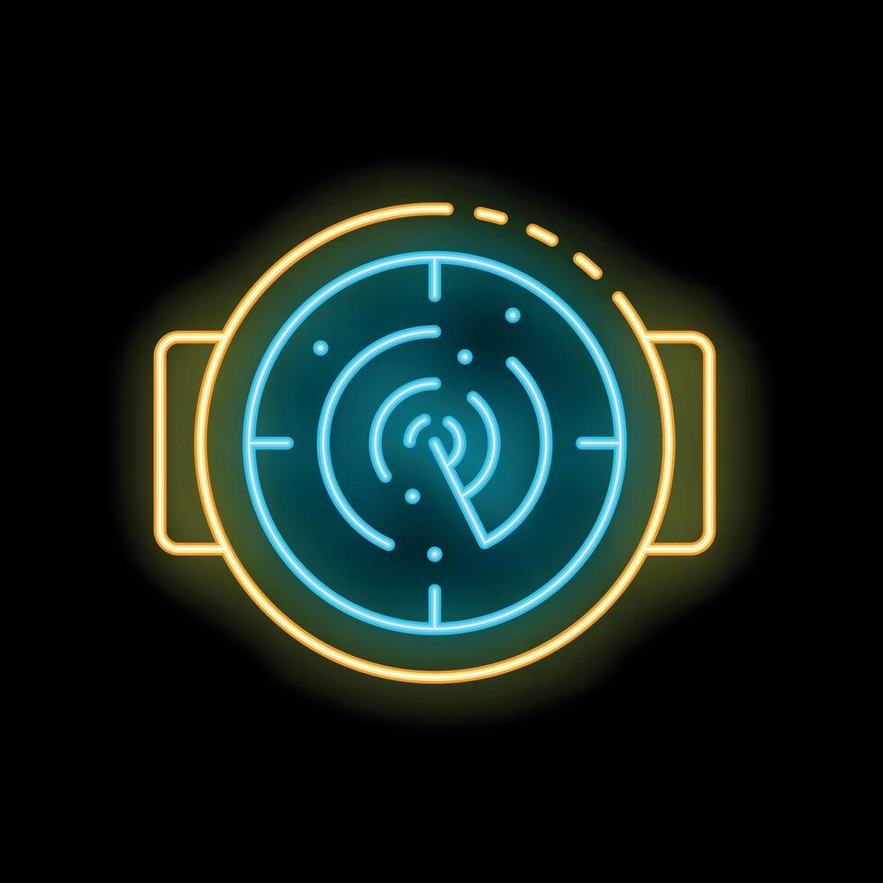 Neon icon of smart watch showing radar detecting signal vector