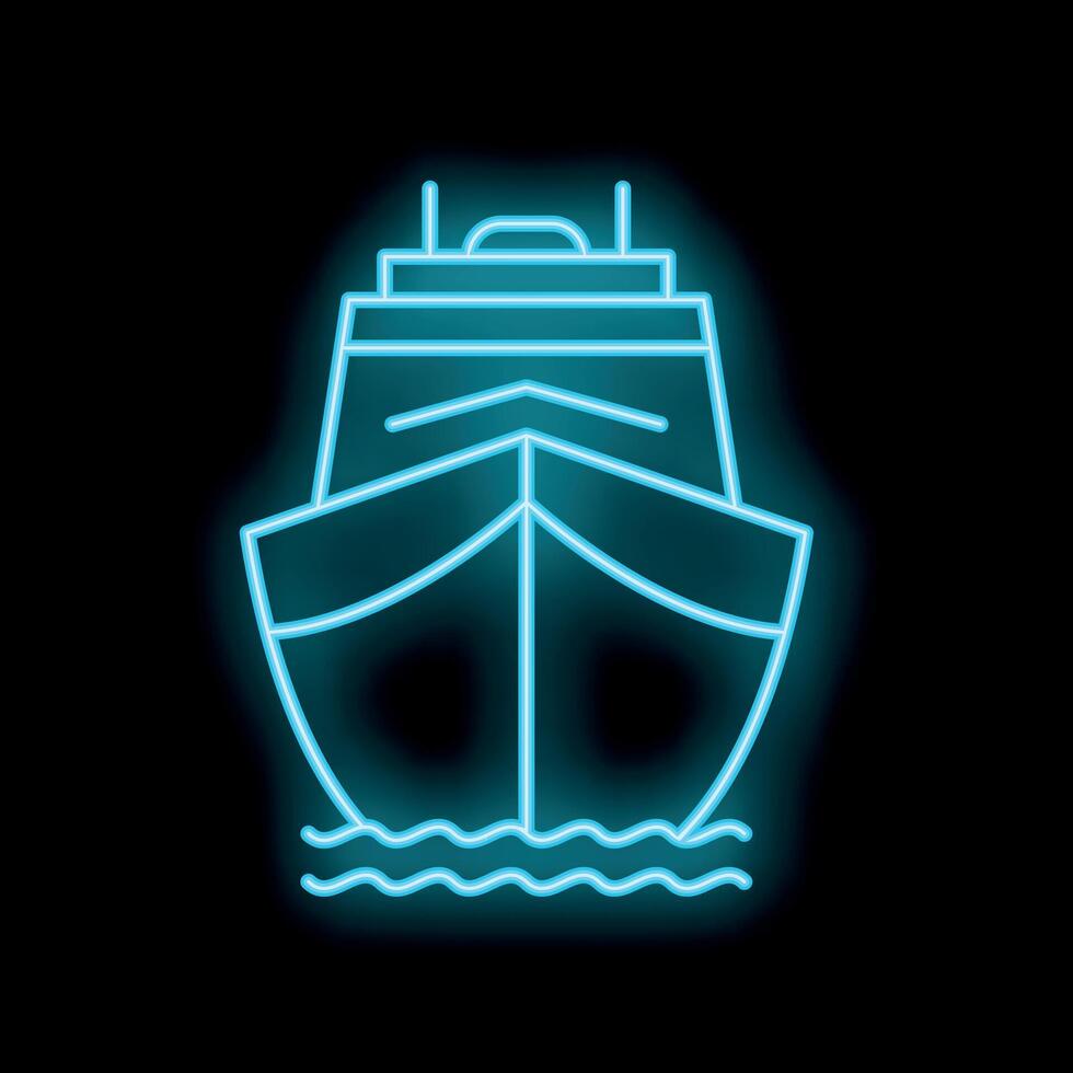 Blue neon sign of a big cargo ship sailing on water waves at night vector