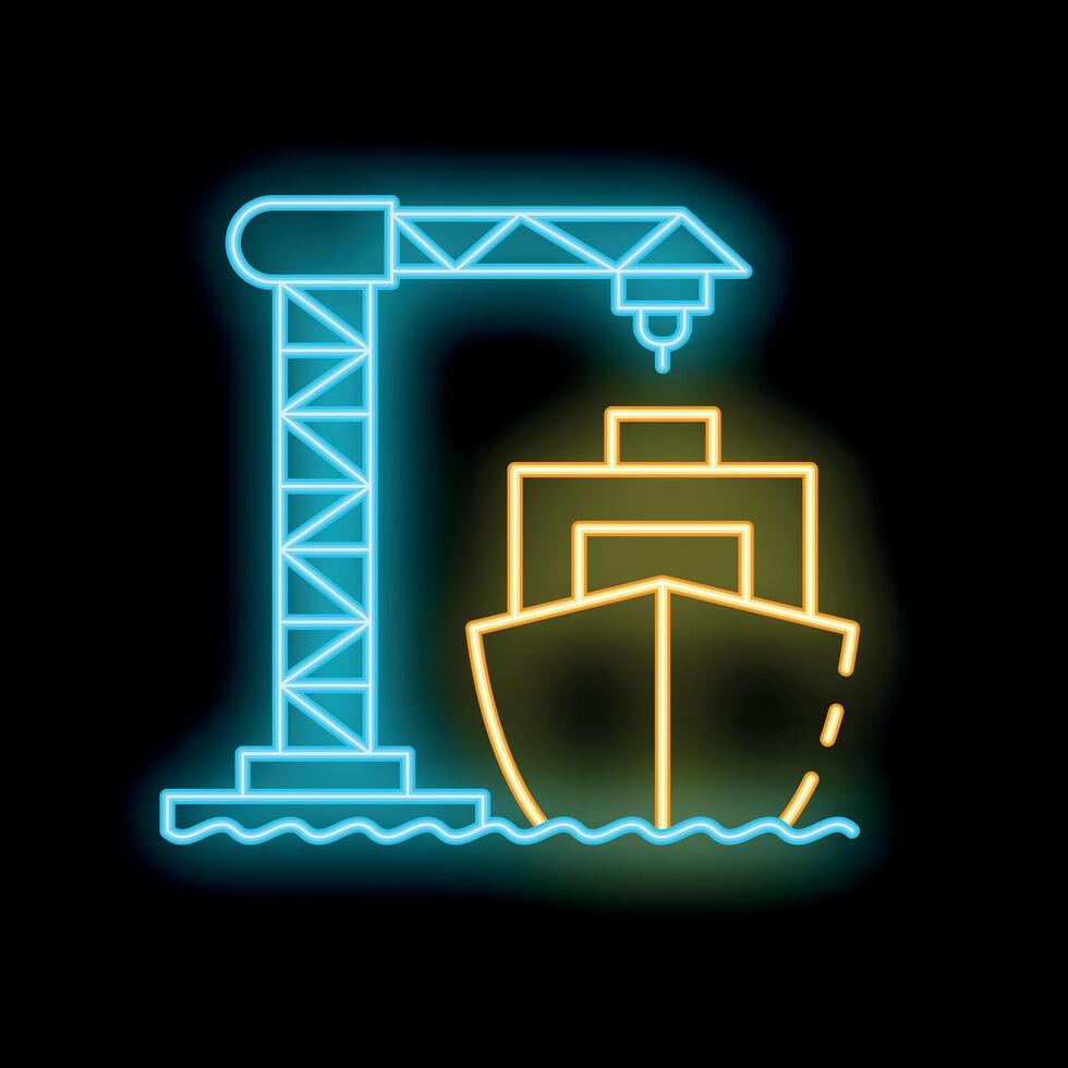 Neon icon of cargo ship being loaded by crane at port at night vector