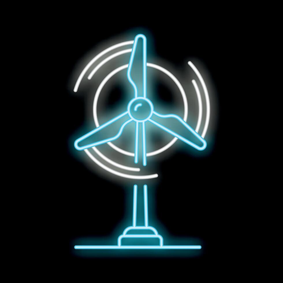 Blue neon wind turbine generating clean energy on black background vector