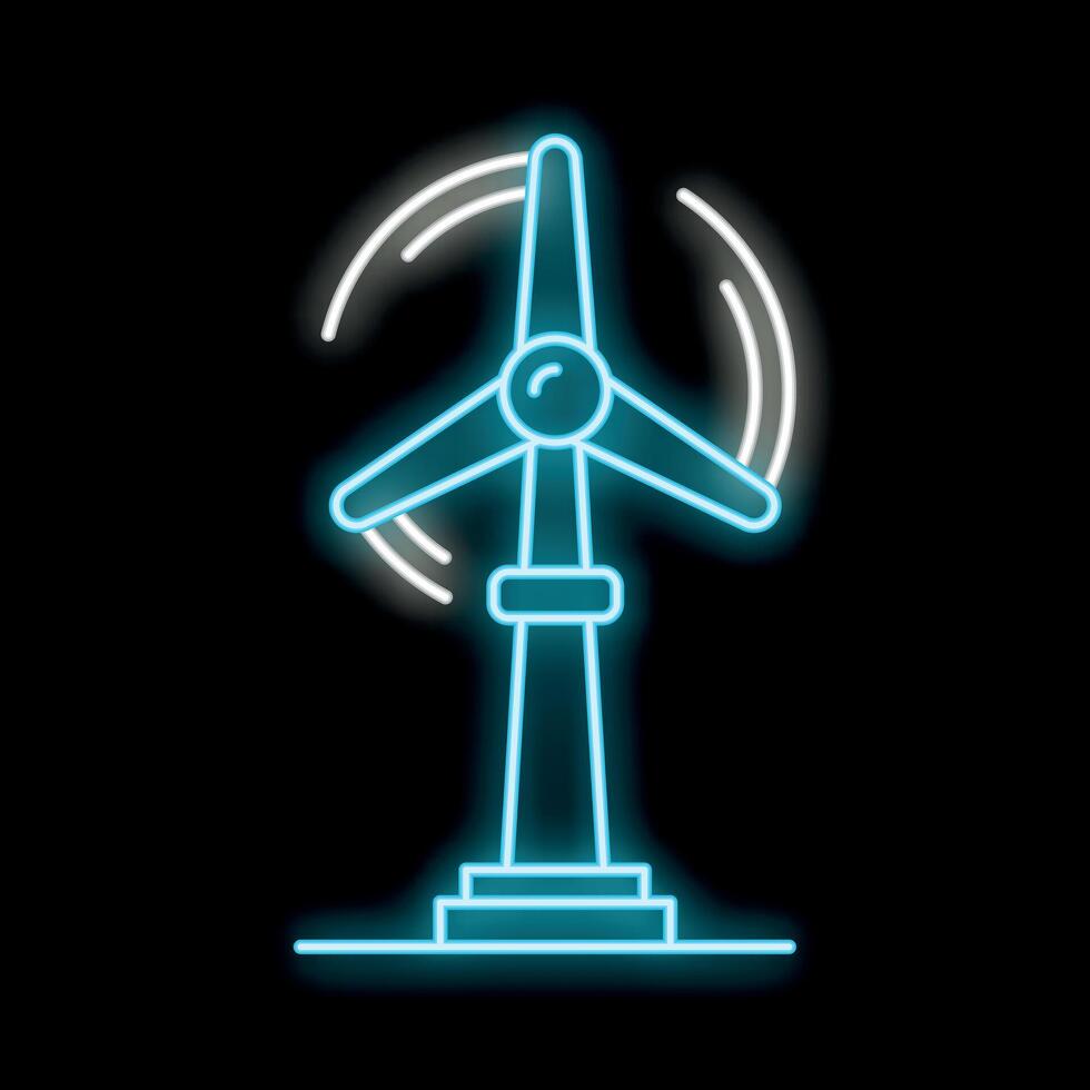 Blue neon wind turbine generating renewable energy on black background vector