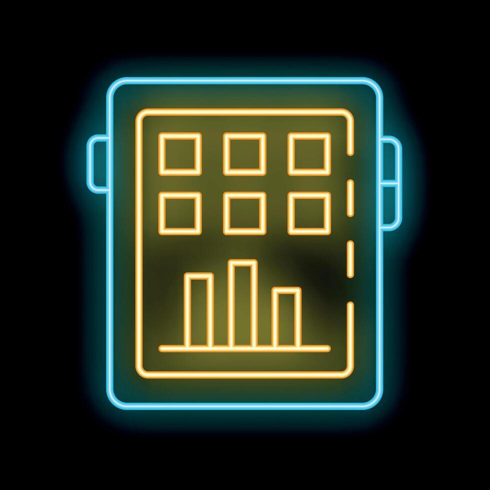 Neon icon of a tablet showing a spreadsheet with growing bars on a black background vector