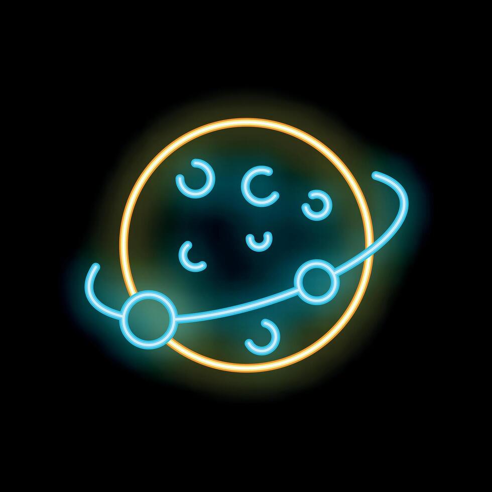 Neon planet with ring orbiting around glowing star on black background vector