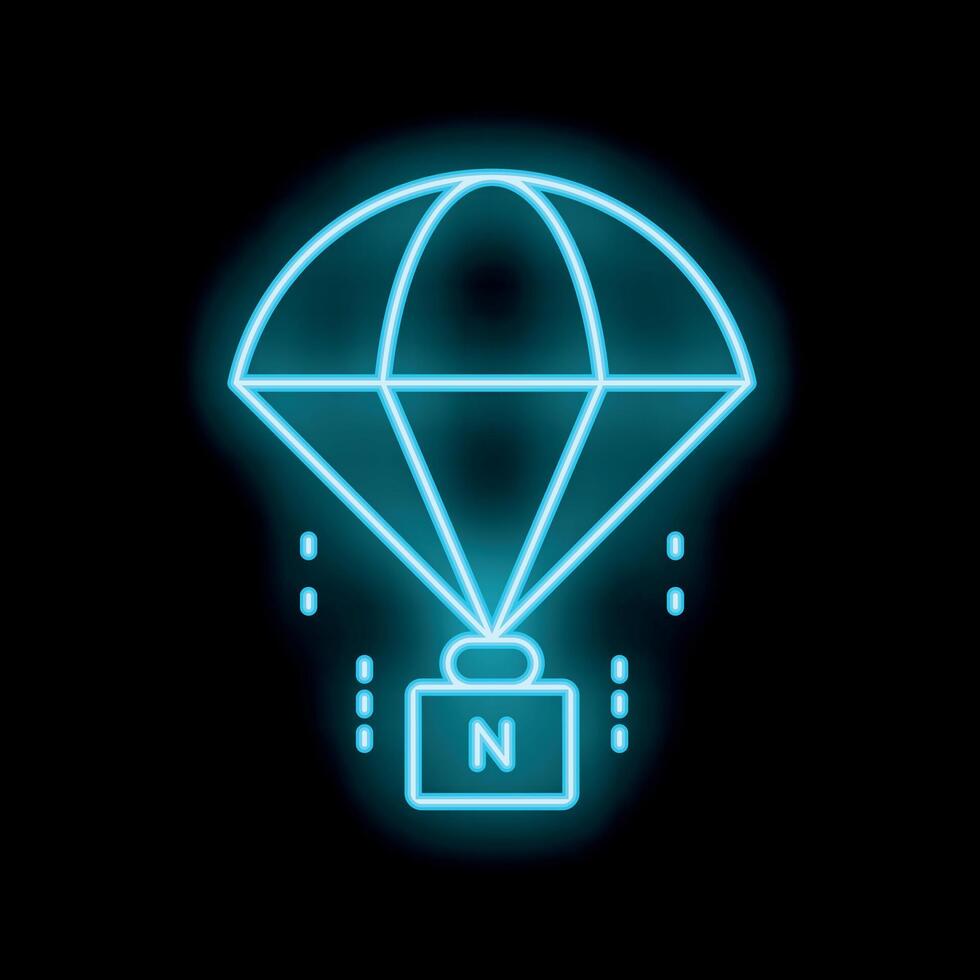 Glowing neon line parachute with cargo delivery icon isolated on black background. Vector illustration