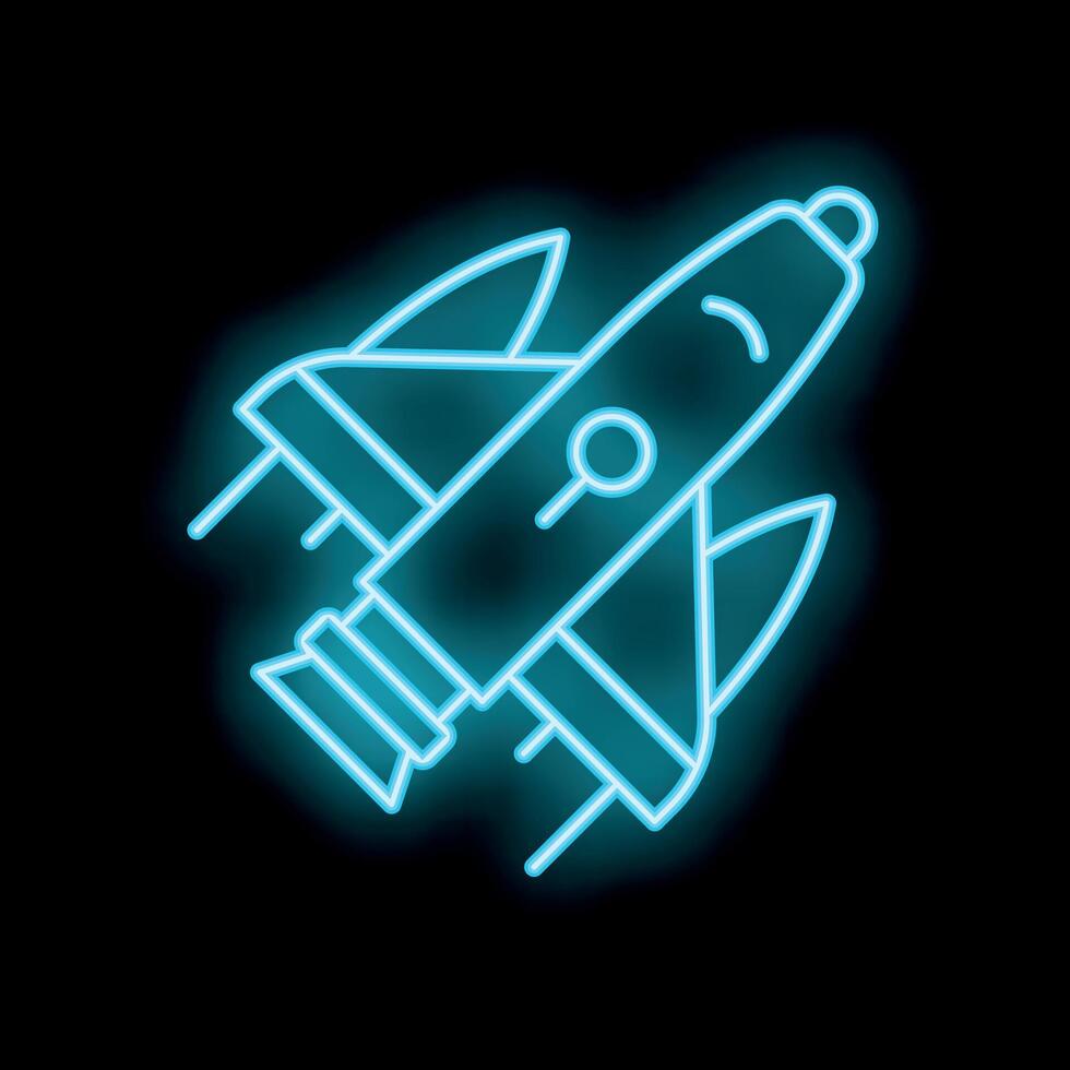 Neon blue spaceship icon flying through space vector