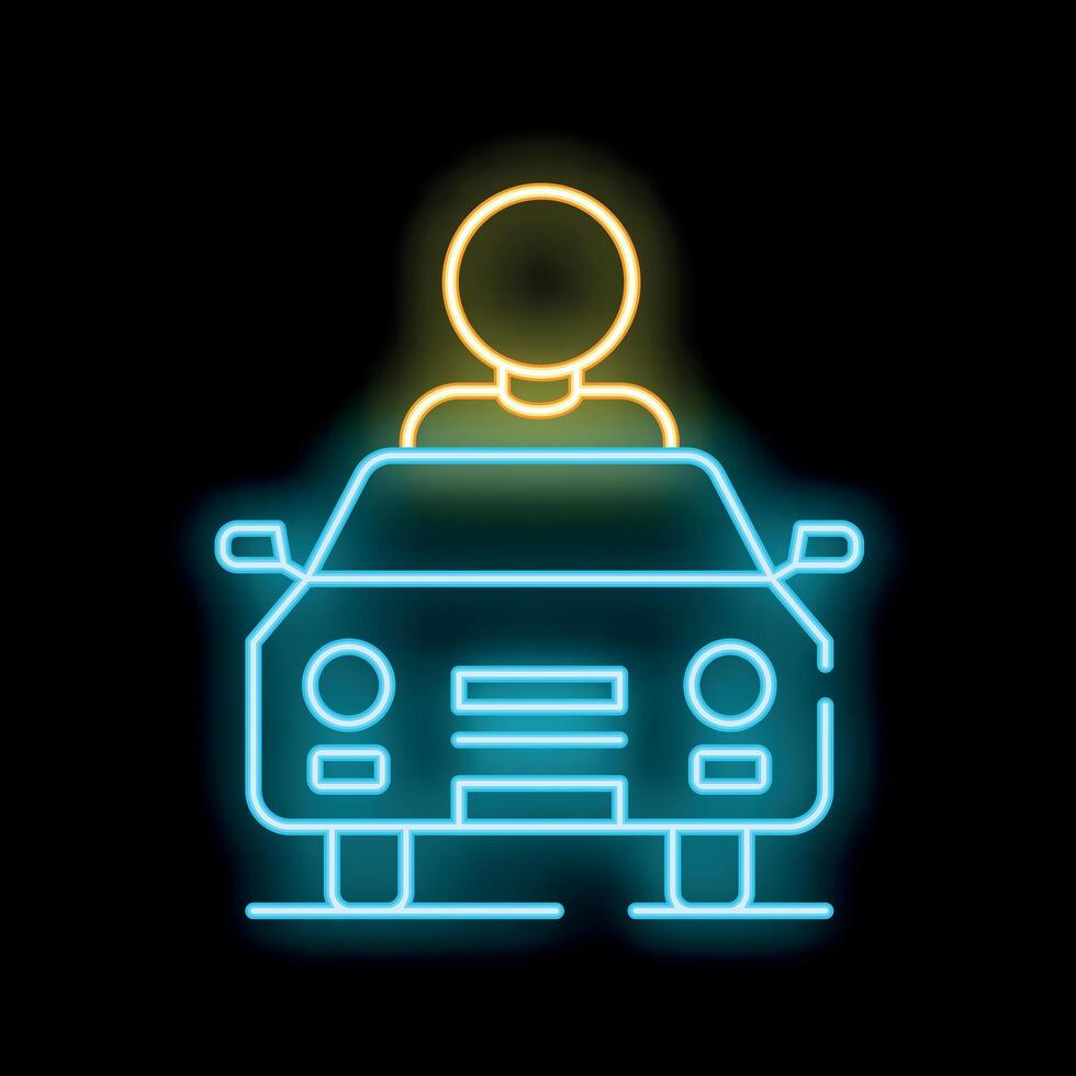 Neon icon of person driving car on black background vector