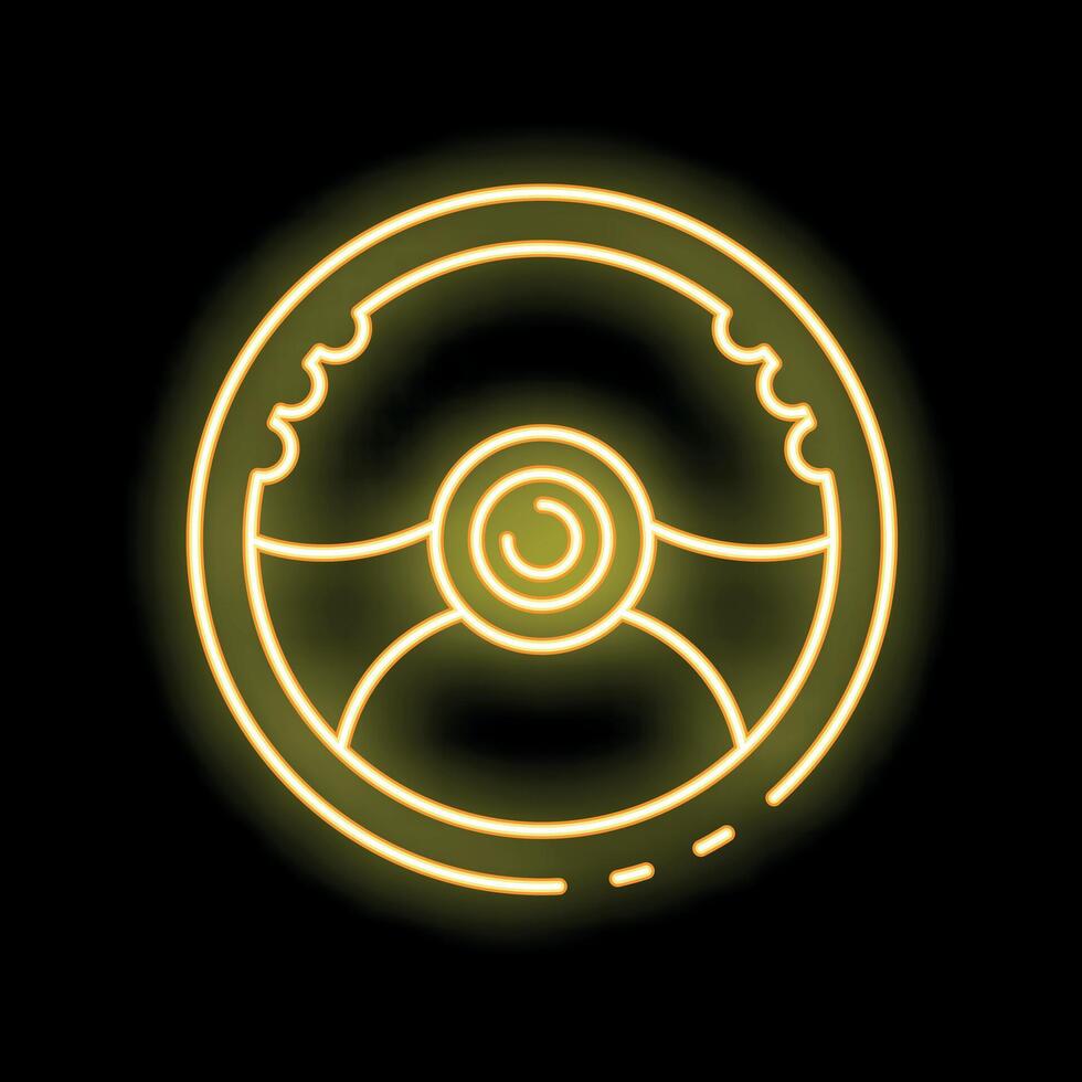 Yellow neon sign steering wheel on black background vector