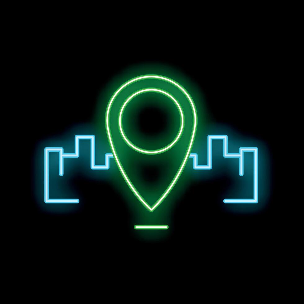 Glowing neon green location pin pointing above blue neon cityscape on black background vector