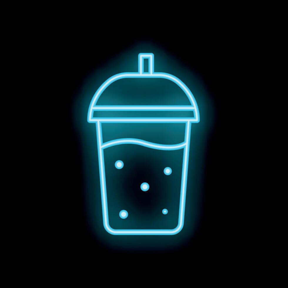 Blue neon sign representing a takeaway plastic cup with dome lid and straw on black background vector