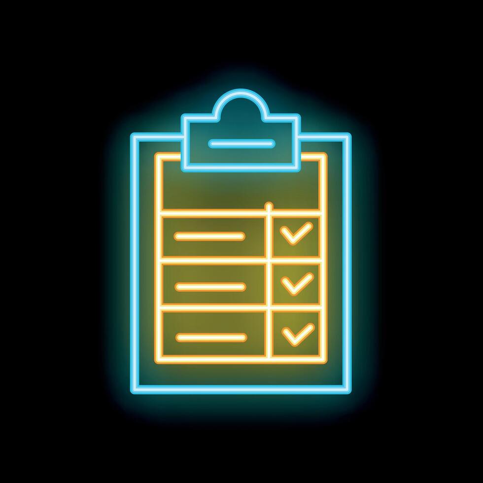 Neon clipboard with checklist showing completed tasks on black background vector