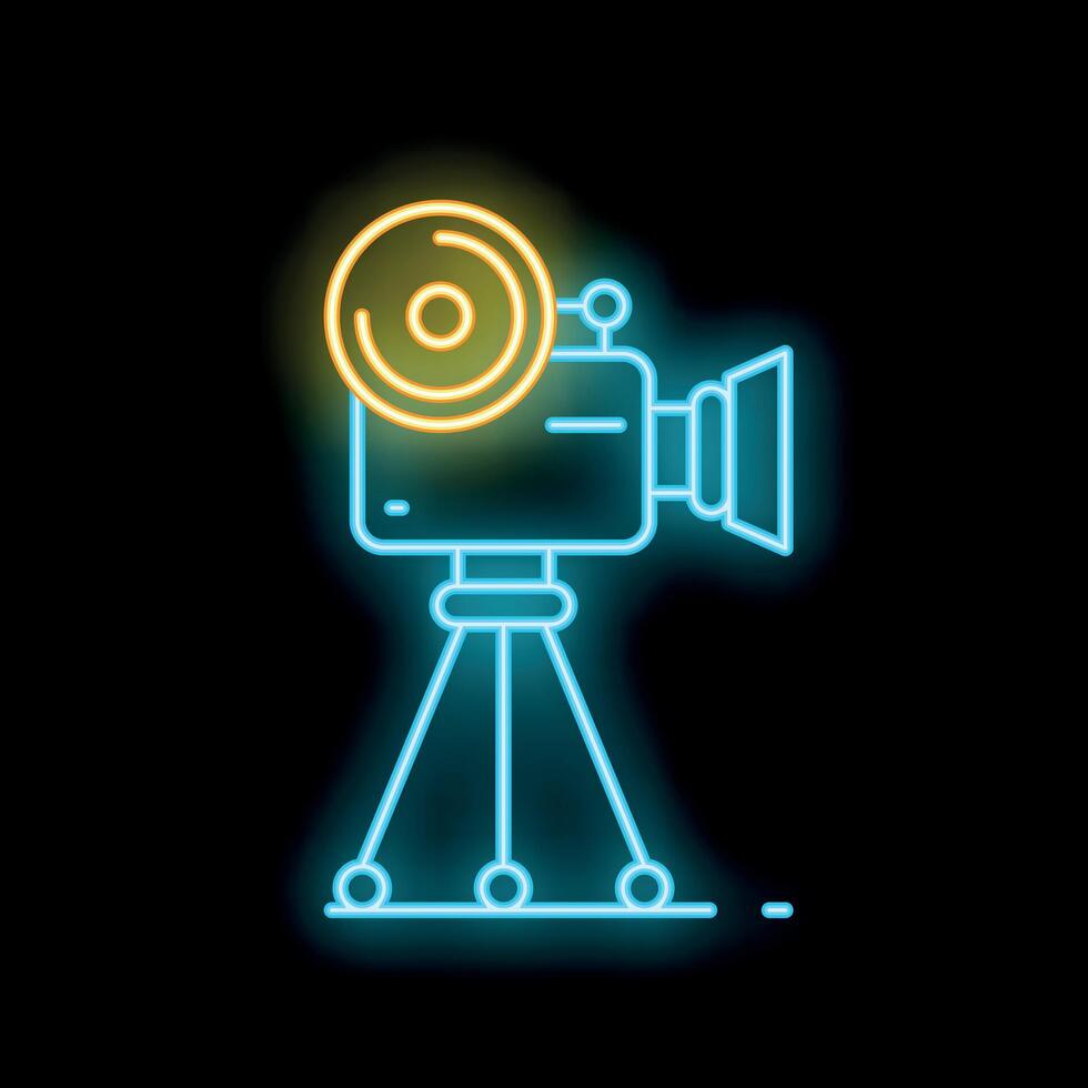 Neon sign of a retro cinema camera recording on tripod with bright lamp lighting the scene vector