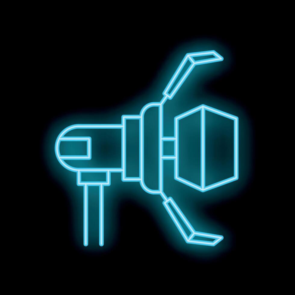 Glowing neon sign of robotic arm holding cube on black background vector