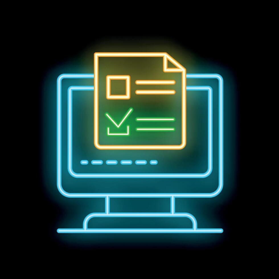 Neon icon of computer displaying approved online form document vector