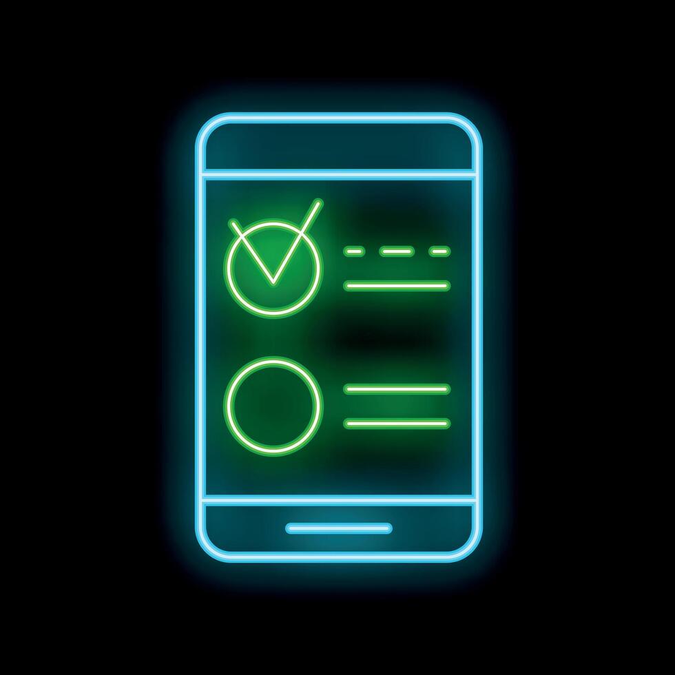 Neon green online survey on smartphone screen glowing on black background vector