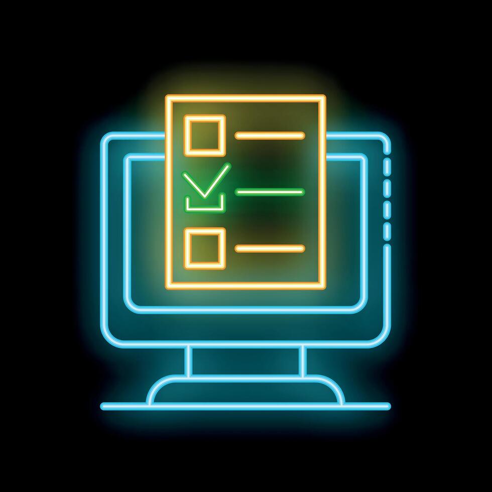 Neon icon of online survey being filled on desktop computer screen vector