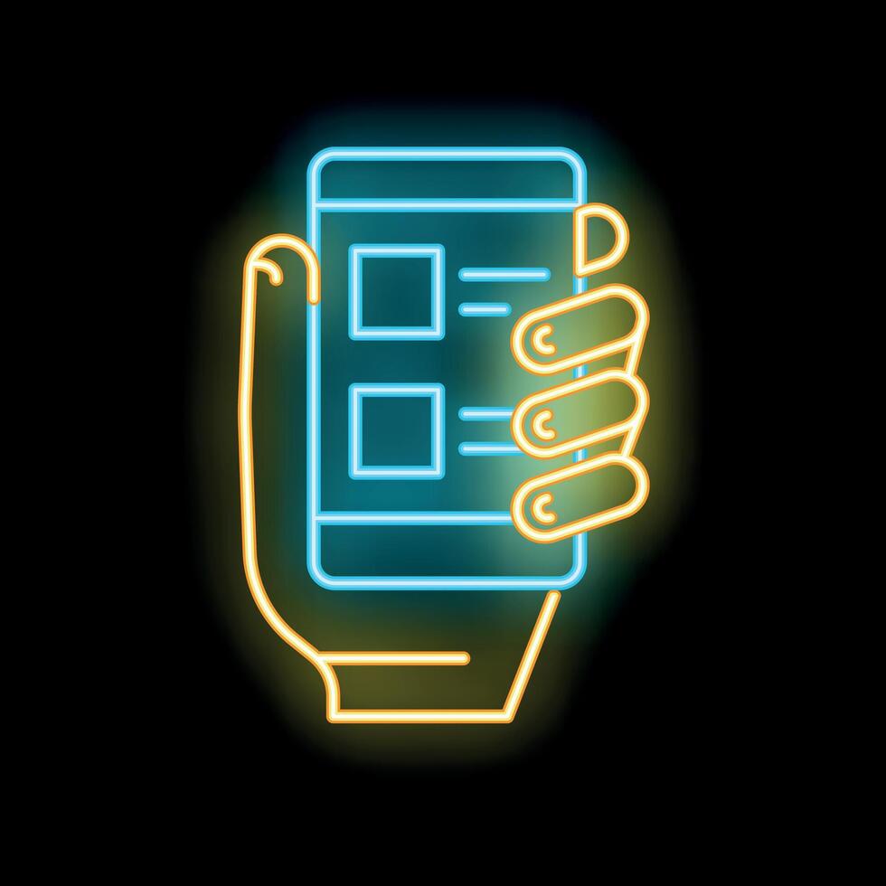 Neon icon of a hand holding smartphone with checklist on screen vector