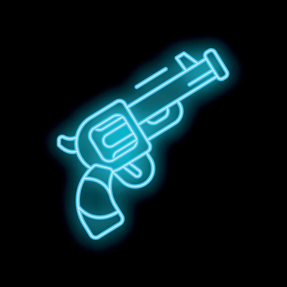 Blue neon sign of a revolver shooting a bullet on black background vector