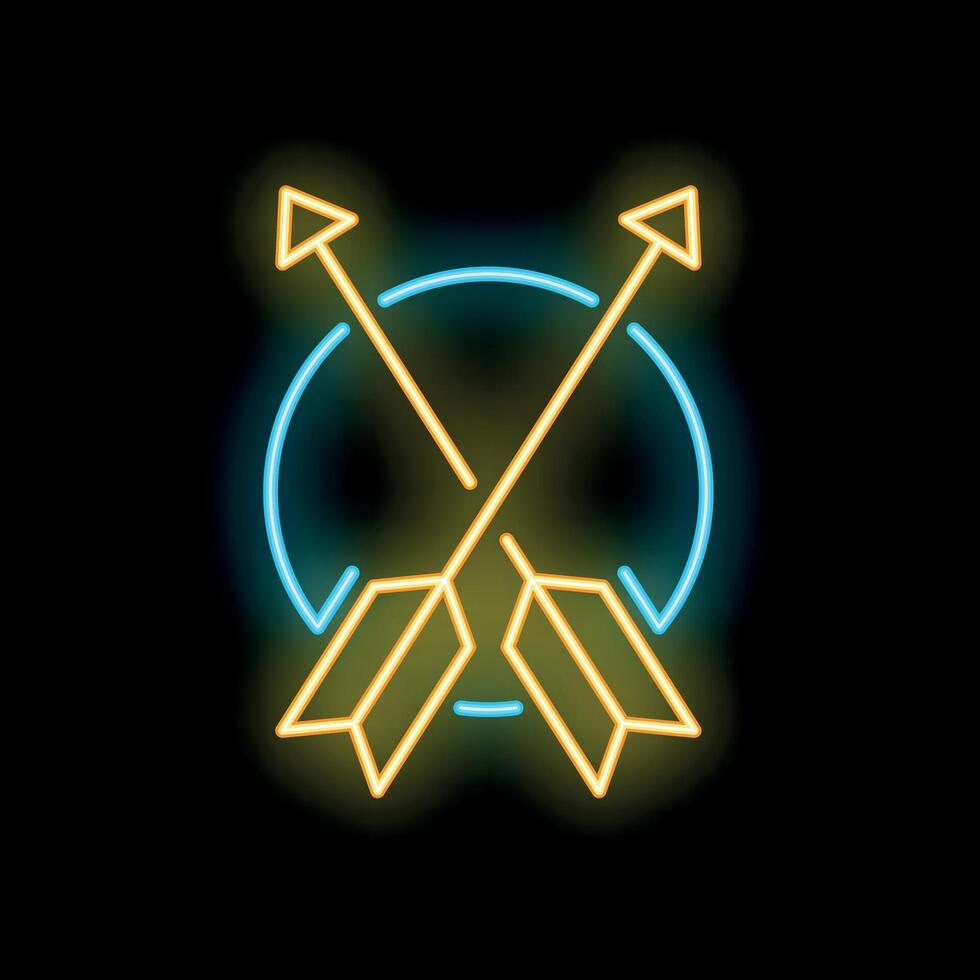 Neon sign showing crossed arrows with circle on black background vector