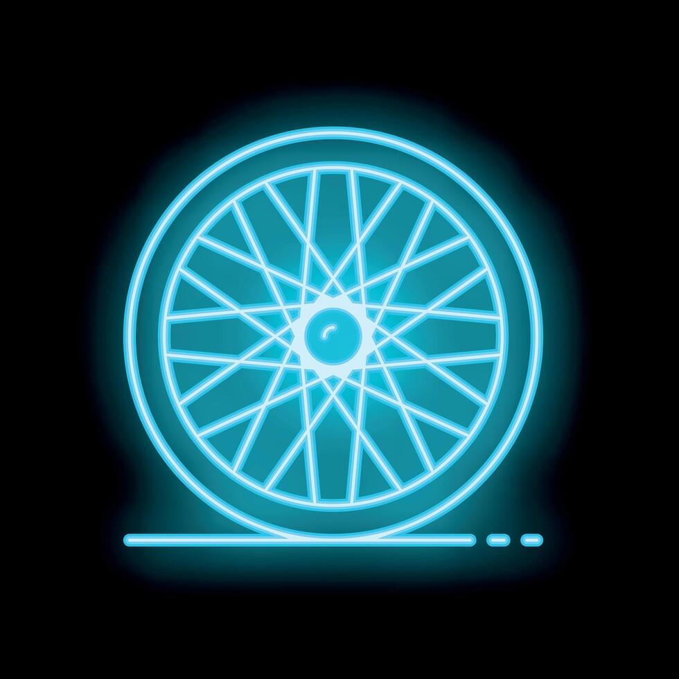 Blue neon sign of a bicycle wheel glowing on a black background vector