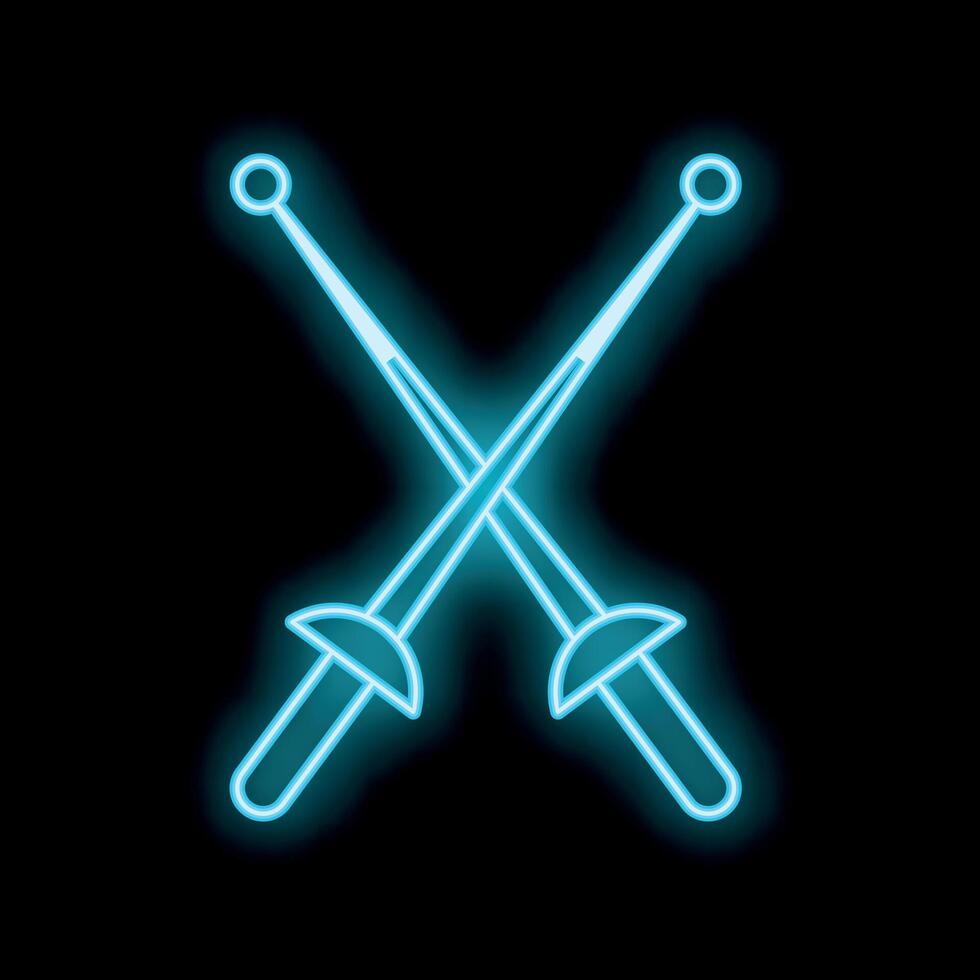 Neon style icon of crossed fencing foils glowing on black background vector