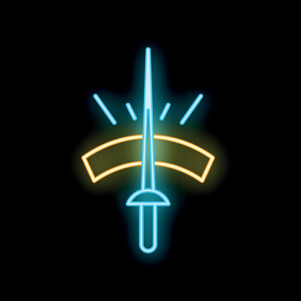 Glowing neon line icon of a fencing sword, representing the olympic sport of fencing vector