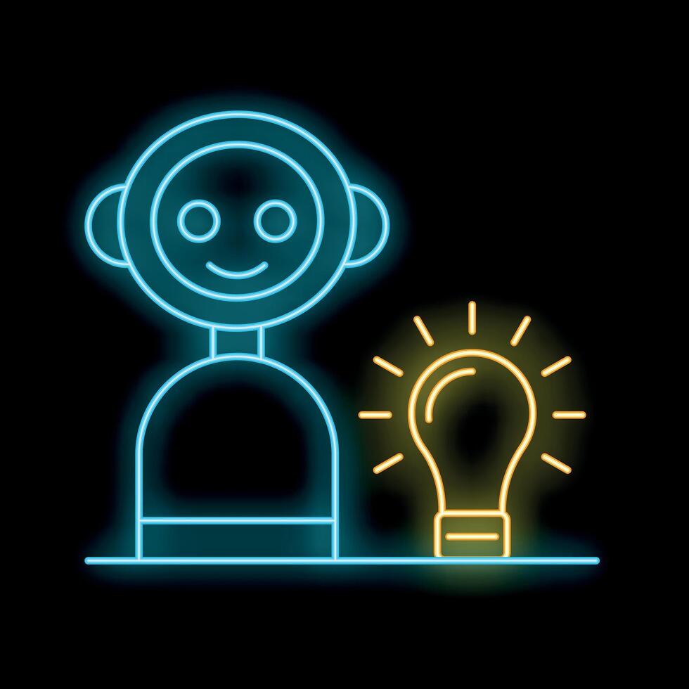 Neon robot having an idea with light bulb shining brightly vector