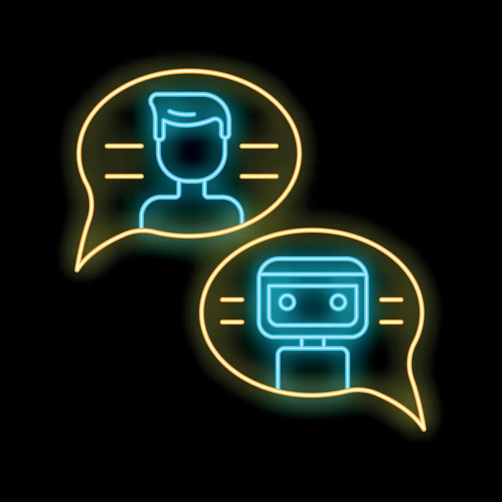 Neon icons of man and robot chatting in speech bubbles vector