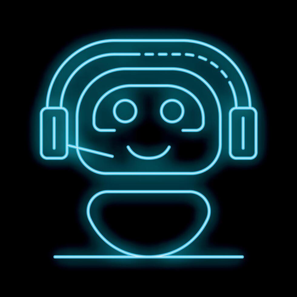 Neon blue chatbot wearing headset smiling on black background vector