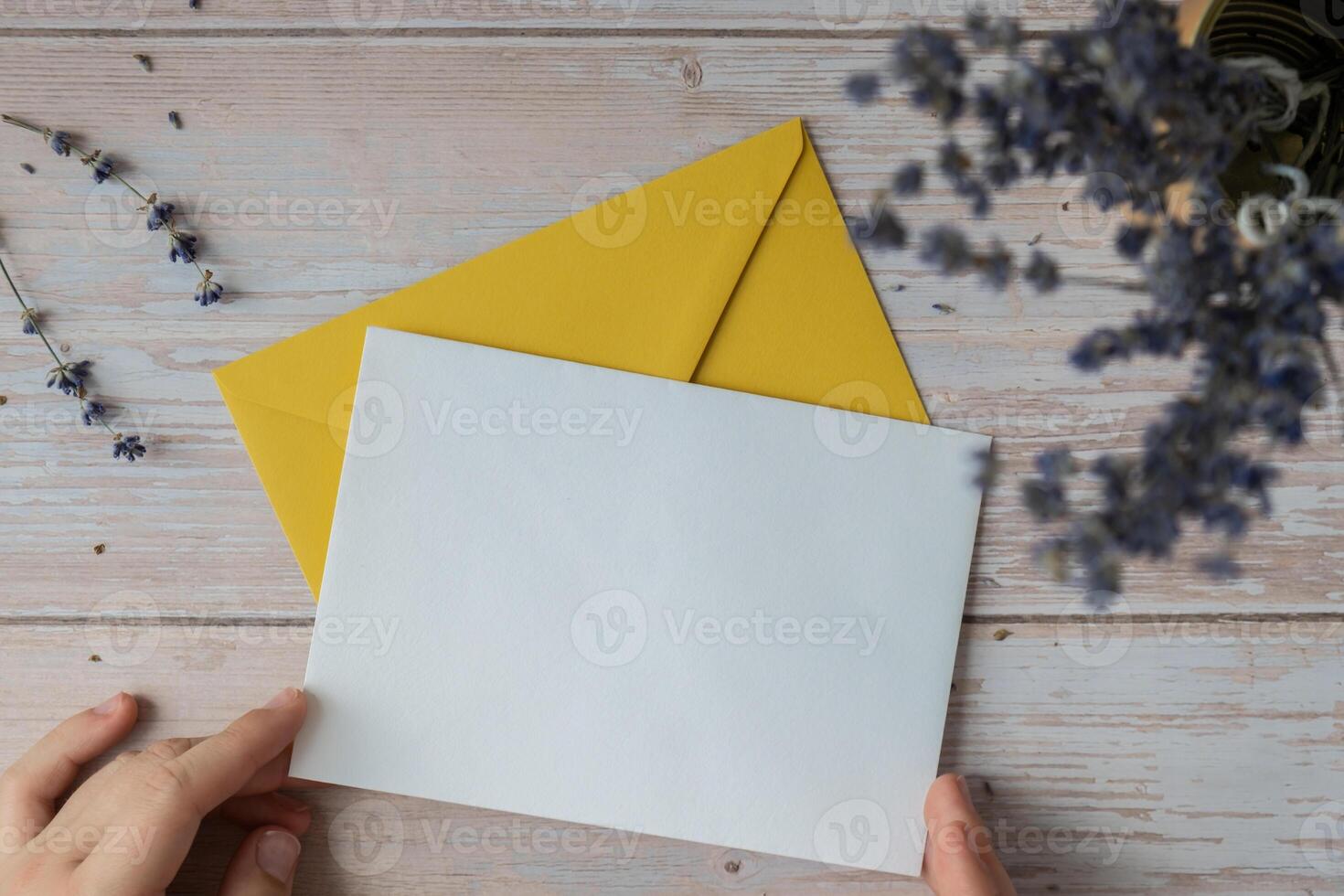Empty white envelope paper card note template mock up. Copy space for your text. Lavender flower. Greeting or invitation card blank with envelope. Top view, flat lay photo