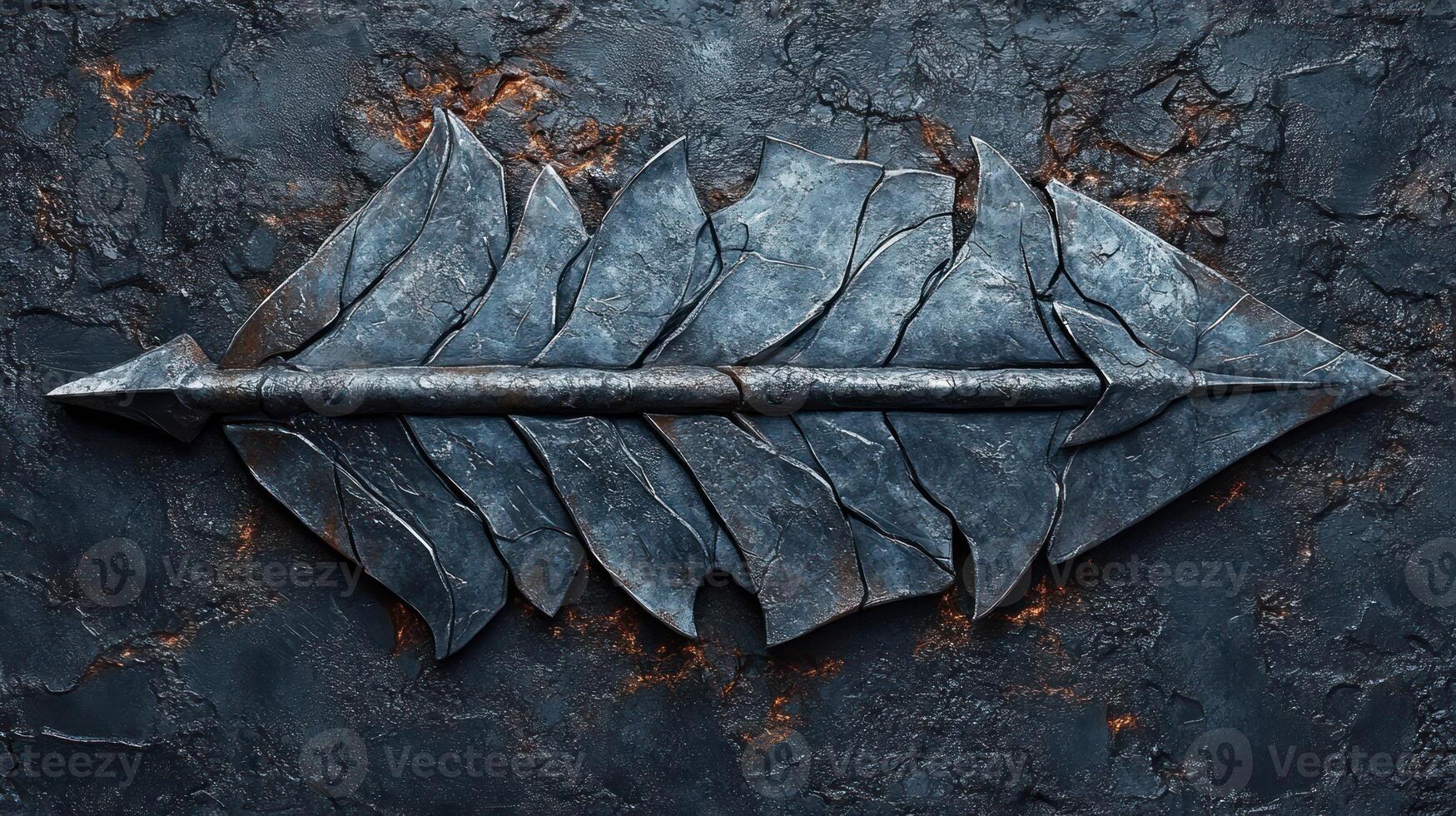 A metal arrowhead shaped like a feather on a rough background. photo