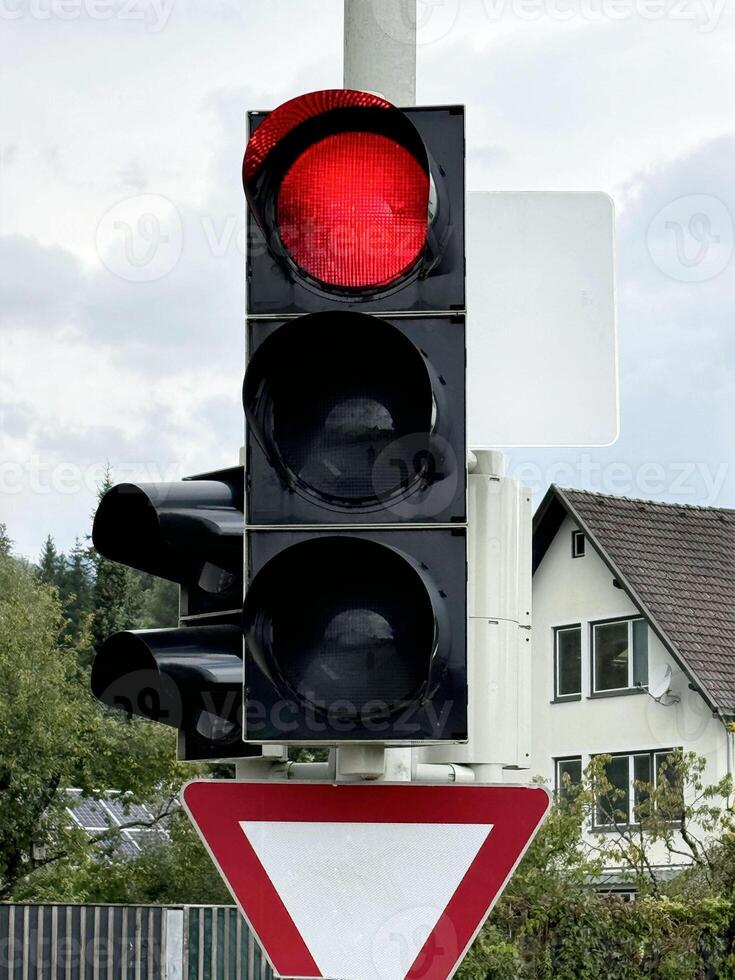 Urban traffic light with red signal against suburban background photo
