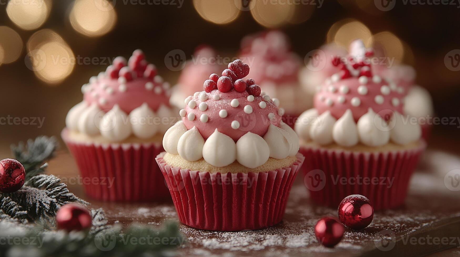 Delicious christmas cupcakes decorated with icing and red berries on blurred background photo