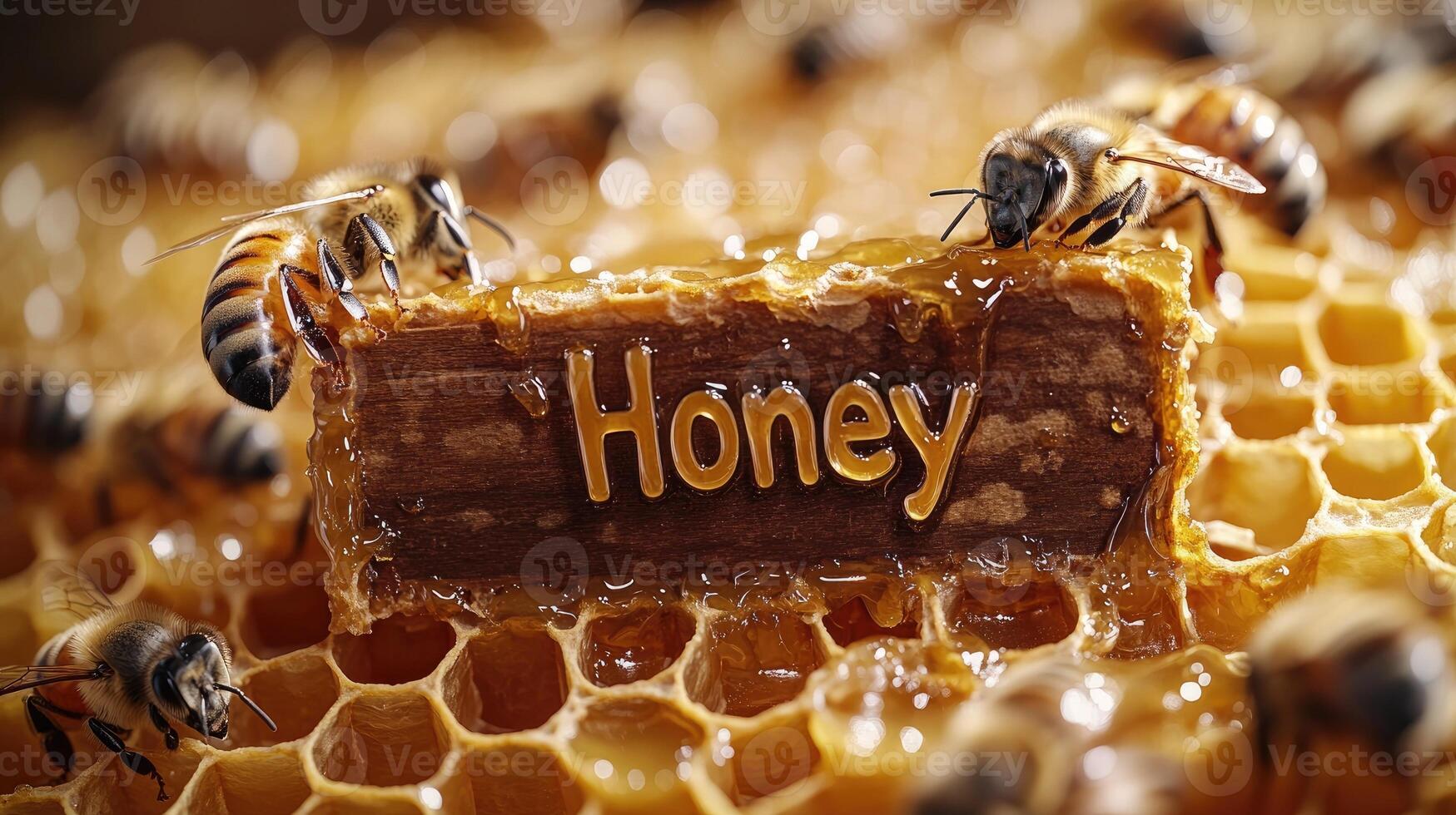 Bees working on honeycomb with honey natures golden treasure photo