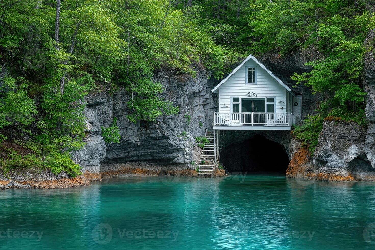 Turquoise water reflecting the beautiful nature surrounding a small white wooden house built under a cliff photo
