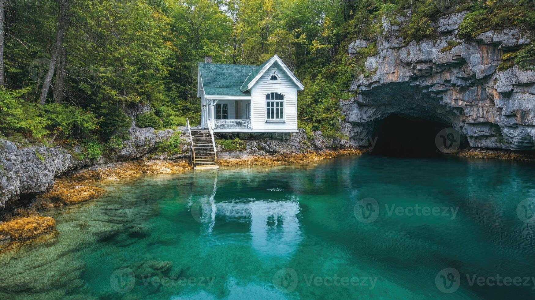 Small white wooden house is standing on a grotto in turquoise water lake photo