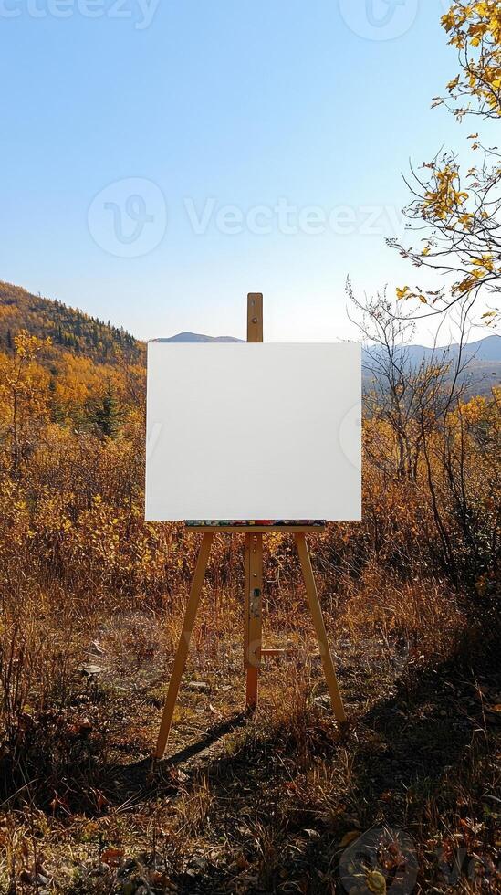 Blank canvas on wooden easel in beautiful autumn landscape inspiring creativity photo