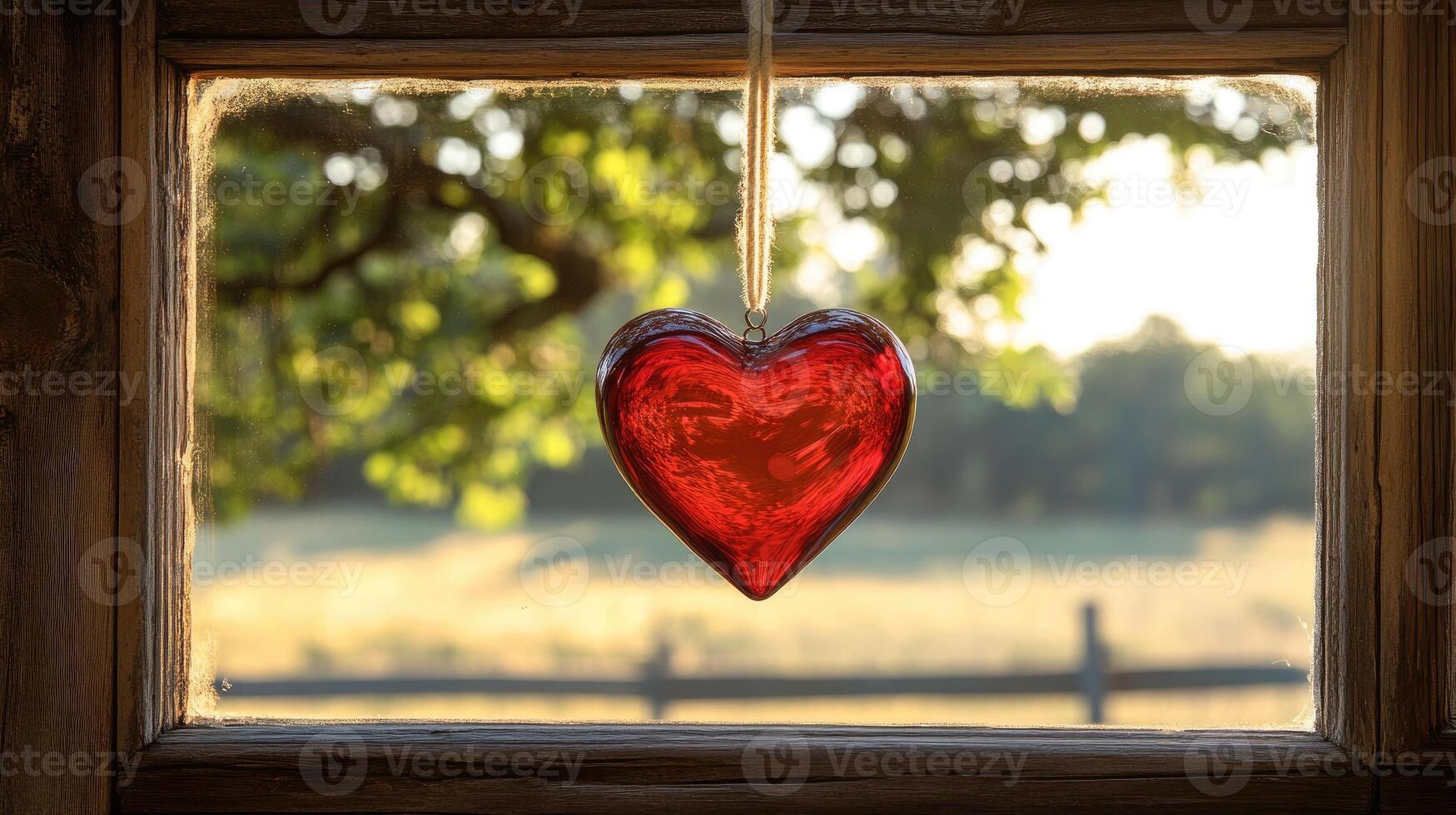 Red glass heart hanging in wooden window frame, symbolizing love and affection photo