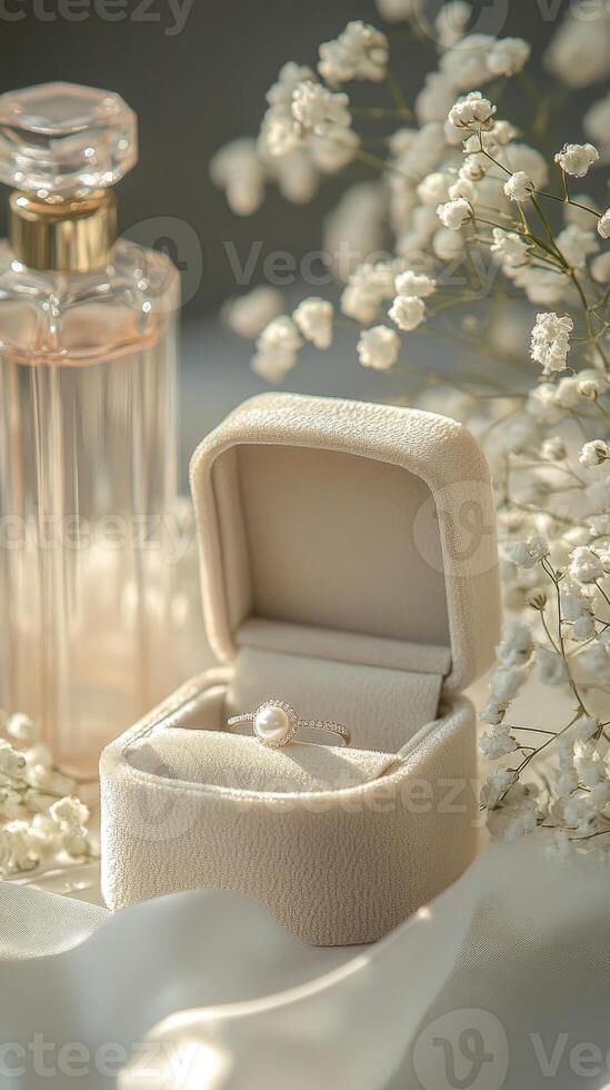 Elegant pearl ring resting in open jewelry box near perfume and gypsophila flowers photo