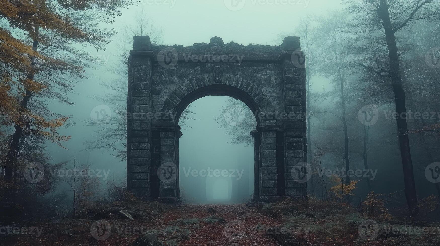 Old stone archway standing in a foggy forest photo