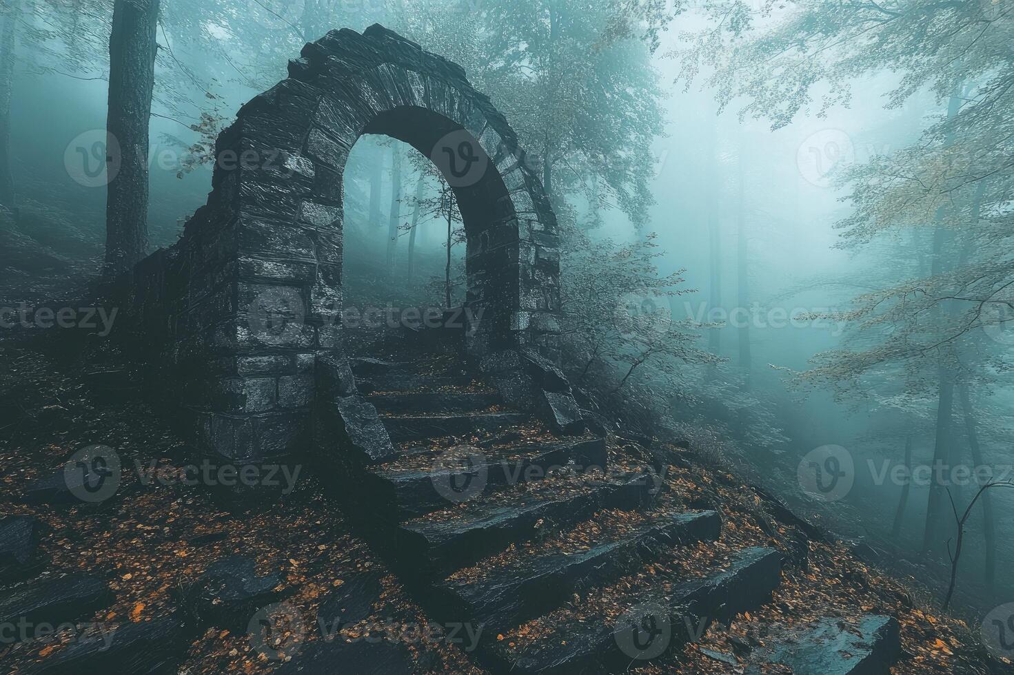 Stone archway leading to mysterious staircase in foggy forest photo