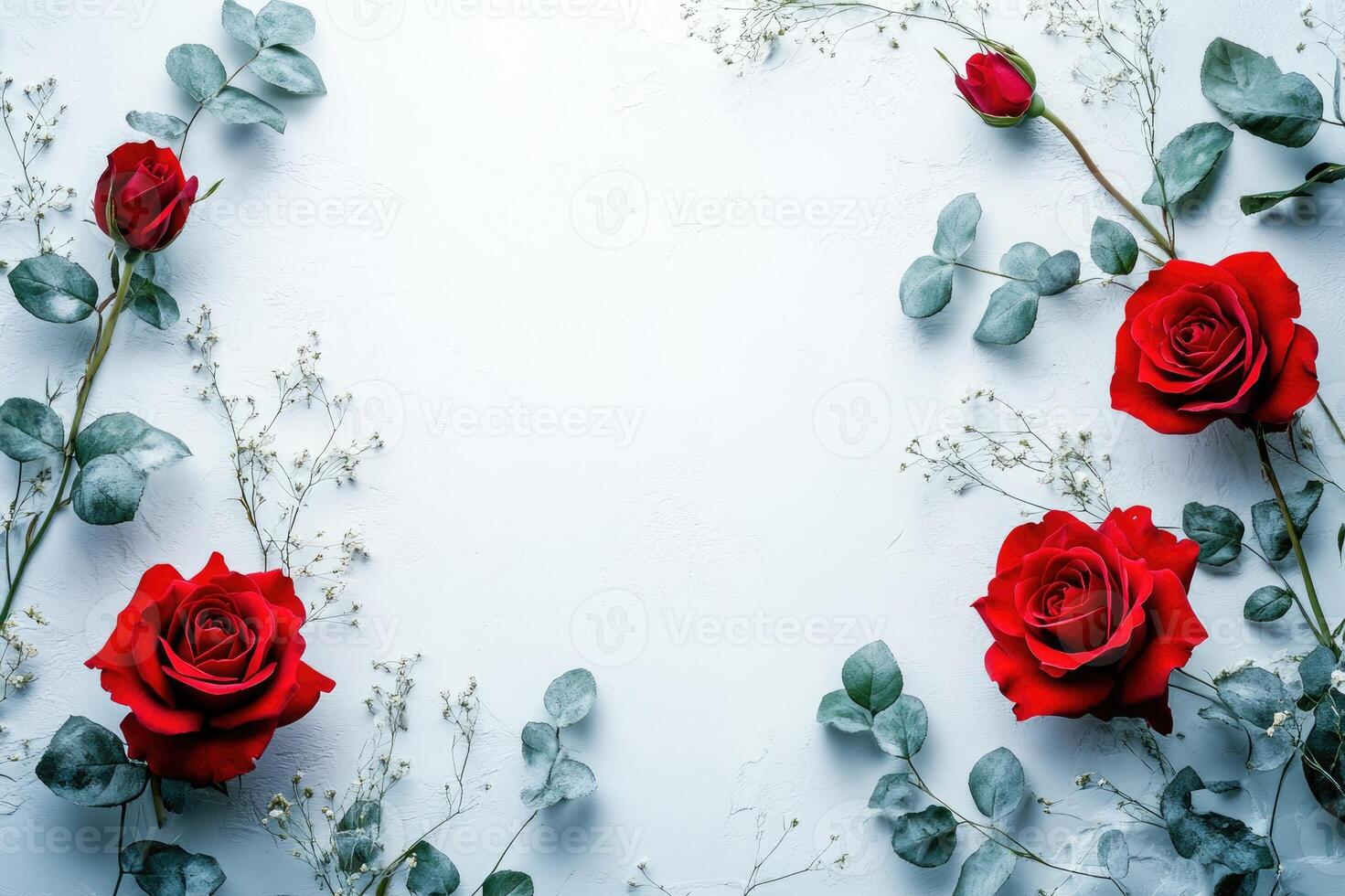 Red roses and eucalyptus leaves creating a floral frame on white background photo