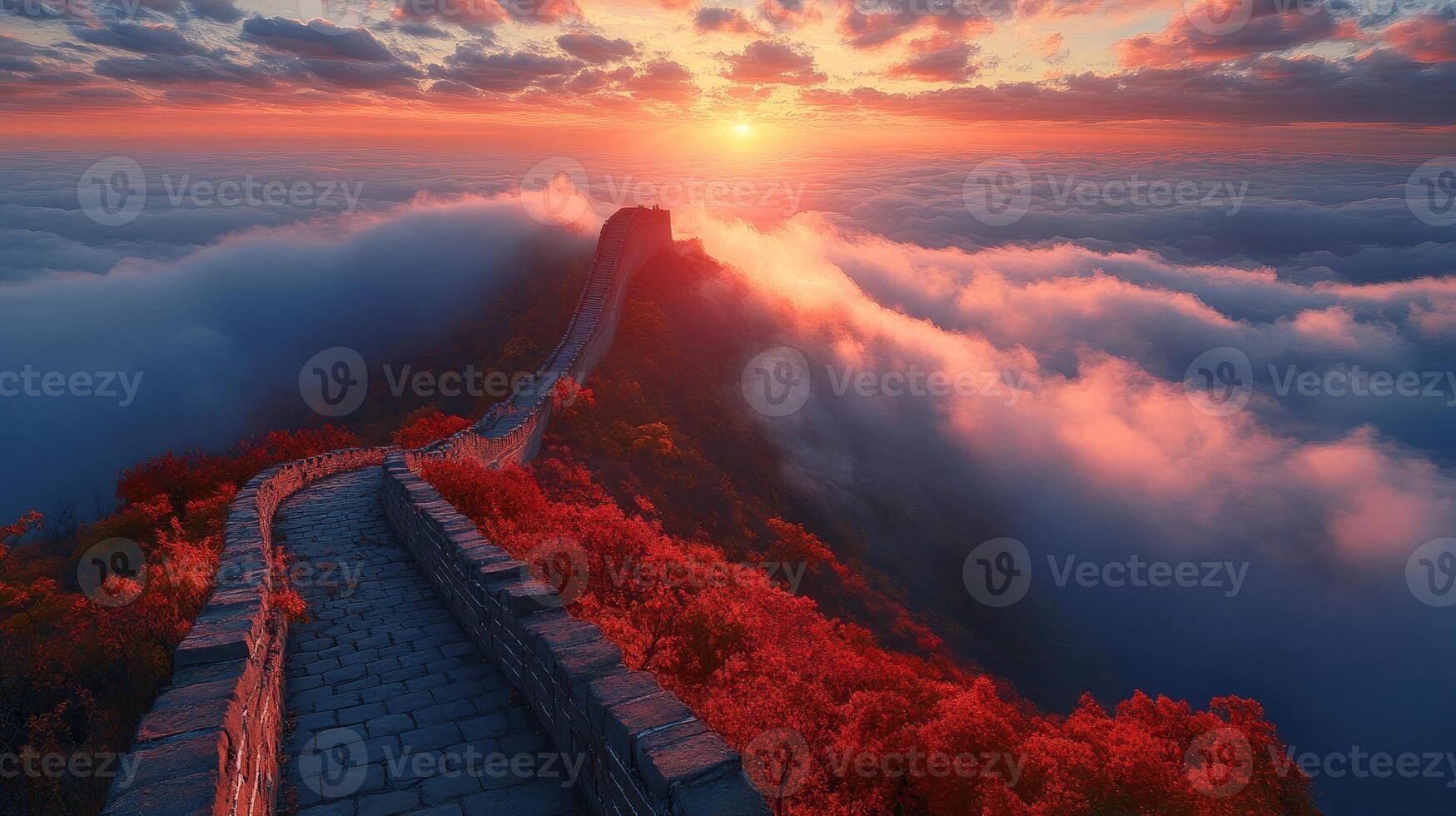The great wall of china winding through autumn forest at sunset photo